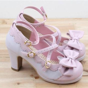 House Of Dasein Cute Lolita Buckle Heel Bow Cosplay Shoes - Black - 10 - Type 2