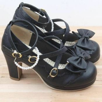 House Of Dasein Cute Lolita Buckle Heel Bow Cosplay Shoes - Black - 9.5 - Type 3