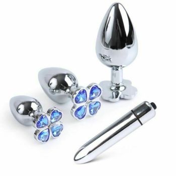House Of Dasein Blue Flower Stainless Steel Metal Anal Crystal Butt Plug Vibrator Set Bdsm - Blue - S + M + L Plug - 3 Set + Vibrator