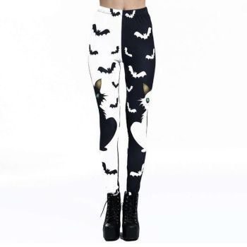 House Of Dasein Cat Bat Printed Leggings Gothic Black White Pants Women - Black - S