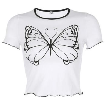 House Of Dasein White And Black Butterfly Cropped Tee Top Women Short Sleeve Shirt - Black - L