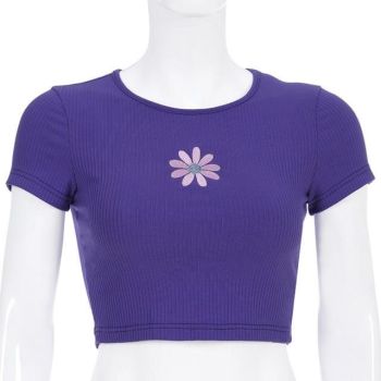 House Of Dasein Purple Little Flower Summer Crop Top Tee Shirt Women Fashion - Purple - S