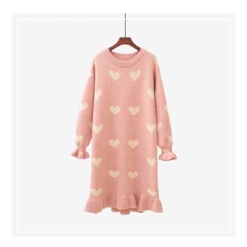House Of Dasein Sweet Heart Loose Comfy Long Knitted Sweater Dress - Pink