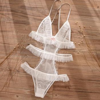House Of Dasein Sexy Lace And Frills Sheer White Bodysuit For Women - White - L