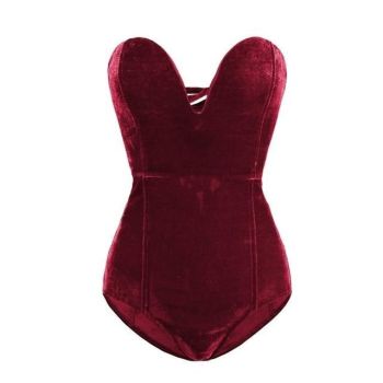 House Of Dasein Sexy Velvet Strapless Neck Bodysuit Criss Cross Back For Women - Burgundy - Xl
