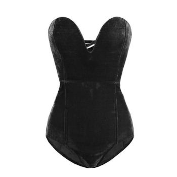 House Of Dasein Sexy Velvet Strapless Neck Bodysuit Criss Cross Back For Women - Black - L