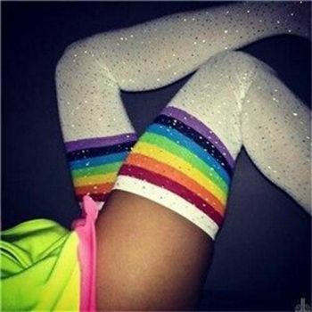 House Of Dasein Cotton Over The Knee Socks Sparkly Rhinestone Rainbow Stripes Women - White With Rainbow Stripes