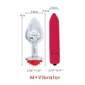House Of Dasein Red Rose Anal Flower Stainless Steel Metal Butt Plug Three Sizes Mini Vibrator Set - Red