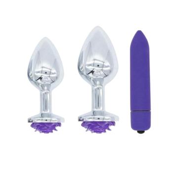 House Of Dasein Purple Rose Stainless Steel Anal Plugs 3 Sizes Vibrating Bdsm Butt Set - Rose - M + L Plug - Plugs + Vibrator