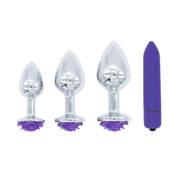House Of Dasein Purple Rose Stainless Steel Anal Plugs 3 Sizes Vibrating Bdsm Butt Set - Rose - Set Of 3 Plugs - Plugs + Vibrator