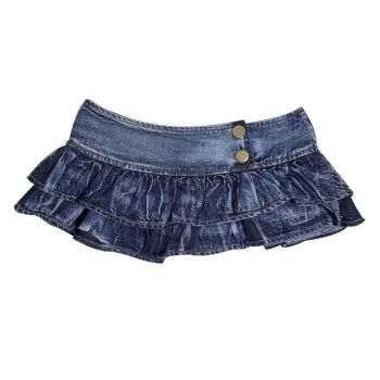 House Of Dasein Pleated Ruffles Super Mini Low Waist Denim Skirt Women - Blue - L