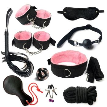 House Of Dasein Bdsm Beginners 10 Piece Bondage Restraints Starter Kit Set Pink Purple Black - Pink
