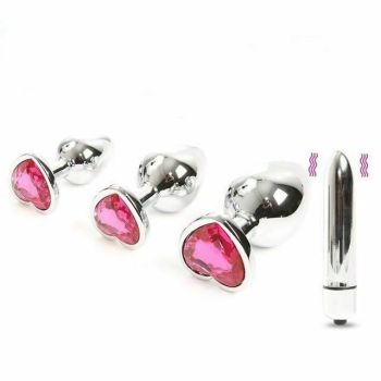 House Of Dasein Pink Heart Crystal Jewel Metal Butt Plug Three Size Mini Vibrator Anal Training - Pink - 3 Set - Plugs With Vibrator