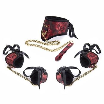 House Of Dasein Elegant Bdsm Kit Red Collar Leash Cuffs Bondage Restraints - Red