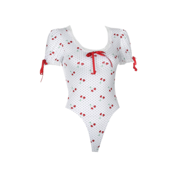 House Of Dasein Sweet Cherry High Waist Ruffles One Piece Bodysuit - Red - L