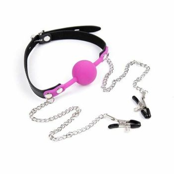 House Of Dasein Pink Ball Gag With Nipple Clamps Mouth Bondage Fetish Bdsm Restraints - Pink
