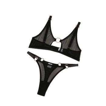 Minimally Designed Underwire Bra Set With Sexy Perspective Mesh And Erotic Lingerie Two Piece - Black - M