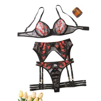 House Of Dasein Mesh Embroidery Splicing Underwear Garter Belt Sexy Four Piece Set - Black And Red - L