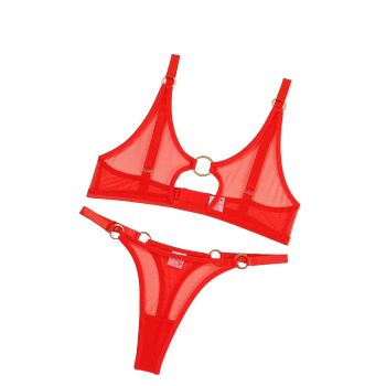 Minimally Designed Underwire Bra Set With Sexy Perspective Mesh And Erotic Lingerie Two Piece - Red - L
