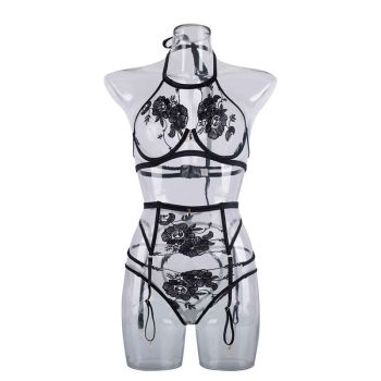 House Of Dasein 3 Piece Sexy Black Floral Transparent Halter Bra Panties Lingerie Set Women - L