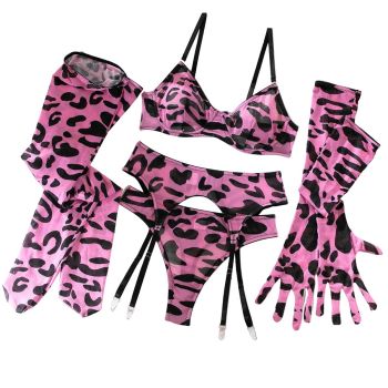 House Of Dasein Leopard Print Sexy Bra Gloves And Thigh High Socks Set For Women - Pink Leopard Print - L