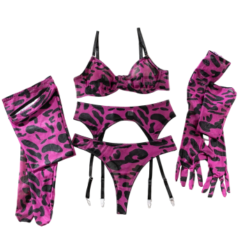 House Of Dasein Leopard Print Sexy Bra Gloves And Thigh High Socks Set For Women - Purple Leopard Print - S