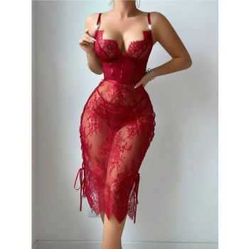 House Of Dasein Lace Hollow Out Red Sexy Chest Exposing Bodycon Lingerie Dress - Wine Red - L