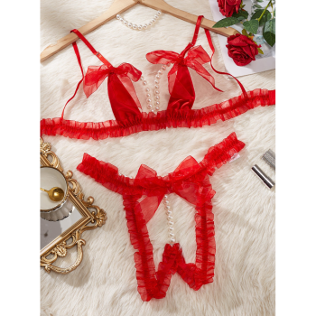 House Of Dasein Lace Patchwork Pearl Chain Lingerie Set - Red - M