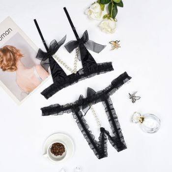House Of Dasein Lace Patchwork Pearl Chain Lingerie Set - Black - S