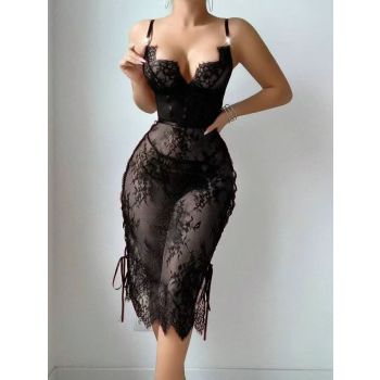 House Of Dasein Lace Hollow Out Red Sexy Chest Exposing Bodycon Lingerie Dress - Black - S