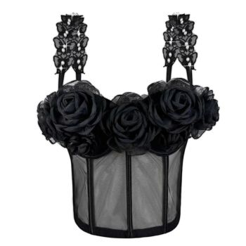 House Of Dasein French Style Charm Strapless Top Women's Outerwear Vintage 3D Pearl Flower Boned Bustier Blouse - Black - 38C/85
