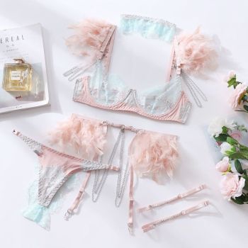 House Of Dasein Feather Sexy Lingerie Lace Chain Bra Set European & American Transparent Mesh Suit - Peach - M