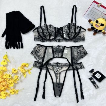 House Of Dasein Floral Embroidery Patchwork Sheer Mesh Sexy Lingerie Set For Women - Black - S