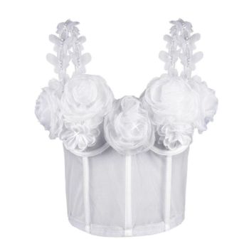 House Of Dasein French Style Charm Strapless Top Women's Outerwear Vintage 3D Pearl Flower Boned Bustier Blouse - White - 40C/90