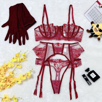 House Of Dasein Floral Embroidery Patchwork Sheer Mesh Sexy Lingerie Set For Women - Wine Red - Xl