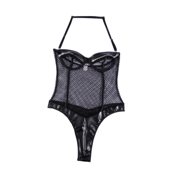 Hod Health & Home Sexy Black Zipper Fishnet Halter Neck Open Crotch Bodysuit Women - M