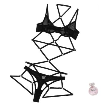 House Of Dasein Sexy Mesh See Through Hollow Out Strap Hanging Neck Three Piece Lingerie Set - Black - S