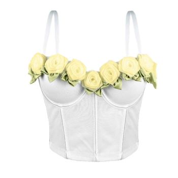 House Of Dasein Sexy French Style High-Grade Strapless Top Rose Mesh Gathered Fishbone Bustier For Women - White - 40C/90