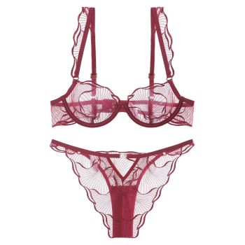 Style Lingerie Sexy Ultra Thin Pure Desire Embroidered Lace Bra Set For Large Breasts And Plus Size - Wine Red + Briefs - S
