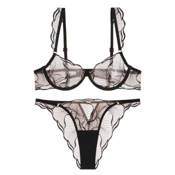 Style Lingerie Sexy Ultra Thin Pure Desire Embroidered Lace Bra Set For Large Breasts And Plus Size - Black + Briefs - M