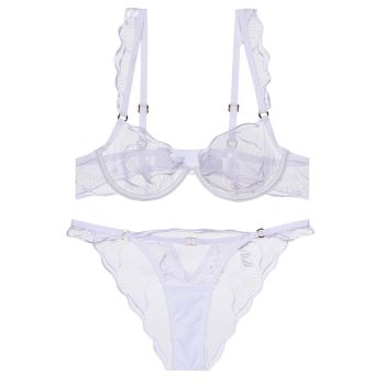 Style Lingerie Sexy Ultra Thin Pure Desire Embroidered Lace Bra Set For Large Breasts And Plus Size - White + Briefs - S