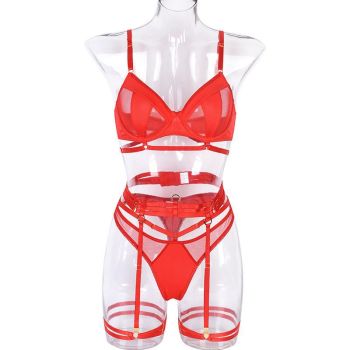 House Of Dasein Spring And Summer Fashion Lace Complex Craft Gathered Hollow Out Mesh Sexy Lingerie Four Piece Set For Women - Red - Xl