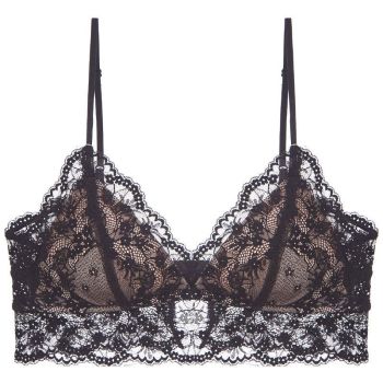Sexy Lace Bra Set For Women French Style Thin Strap Backless Triangle Cup Wireless - Black Contrast Skin Top - Xl