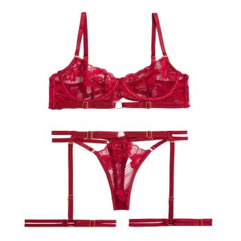 House Of Dasein Style Sexy Underwire Gathered French Lace Embroidered Tie Strap Pure Desire Hollow Out Four Piece Set Lingerie Suit - Red - Xl