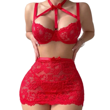 House Of Dasein Floral Lace Bow Halter Strapless With Net Stockings Lingerie Set - Red - L