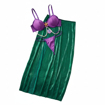 House Of Dasein Cute Girl Sweet And Sexy Beaded Chain Strap Forked Long Skirt Separated Lingerie Set - Violet - L