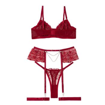 House Of Dasein Sexy Separated Lace Embroidery Sheer Mesh With Leg Ring Erotic Underwear Five Piece Set - Red - S