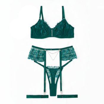 House Of Dasein Sexy Separated Lace Embroidery Sheer Mesh With Leg Ring Erotic Underwear Five Piece Set - Green - L