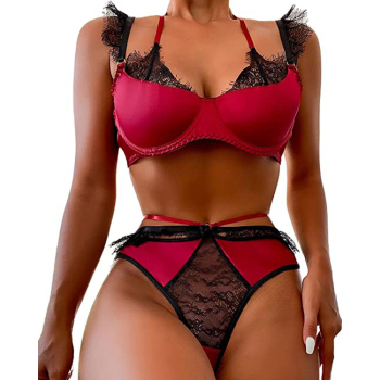 Lace Bra Set With Eyelash For Sexy Look - Red - M