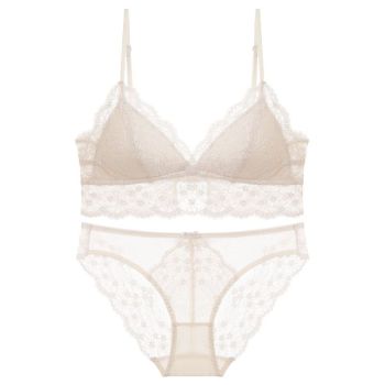 Sexy Lace Bra Set For Women French Style Thin Strap Backless Triangle Cup Wireless - Skin Color Set - L